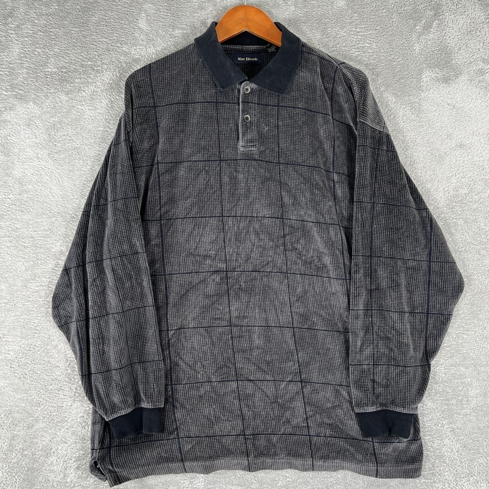 Marc Edwards Polo Shirt Mens XL Gray Plaid Long Sleeve Knit Cotton Blend
